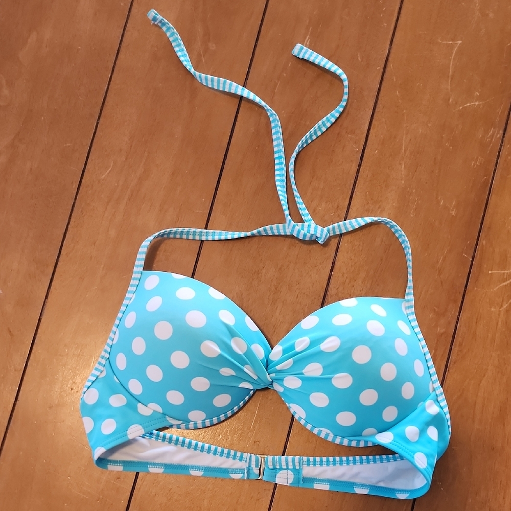 Polka Dot Blue Swim Top - Turquoise/White Bikini Top -Large, Bottoms-Medium